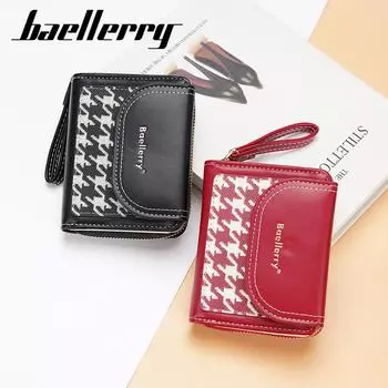 Baellerry Женский держатель для карт из искусственной кожи с узором «гусиная лапка», короткий кошелек на молнии, модный кошелек с отделением для нескольких карт, бумажник