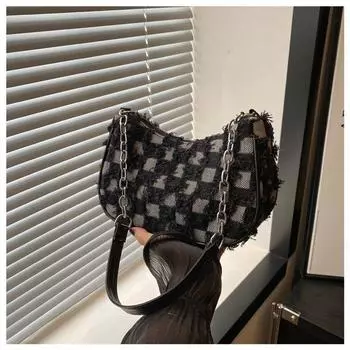 Bag 2024 New Arrival Popular Net Red Contrast Color and Versatile Shoulder Messenger Bag Fashion Special-Interest Artistic Best Selling Dumpling Bag Black squares