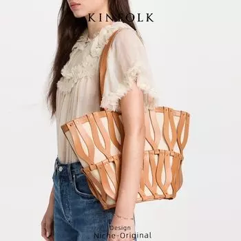 Bag 2025 New Arrival Women s Trendy Beach Contrast Color Niche Style Hollow-out Elegant Large Capacity Canvas Patchwork Shoulder Handbag Brown
