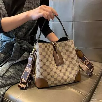 Bag Female Classy Sentong Qin Hand-Carrying Big Shoulder Bag Khaka-checkered floral
