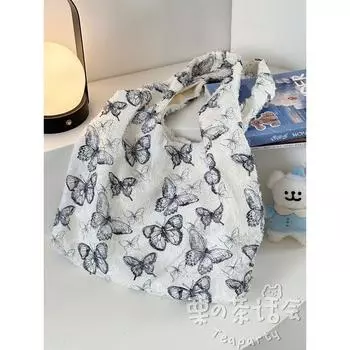 Bag Female Korean Style College Student Class Canvas Bag White background black butterfly