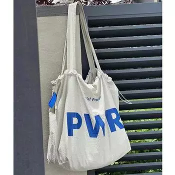 Bag K-style 2025 Letter Canvas Bag Ins Print Work Clothing Shoulder Drawstring Large Capacity Tote beige grey