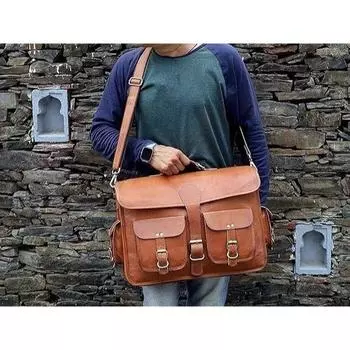 Bag Leather Genuine Shoulder Messenger Men s Vintage Laptop Men Briefcase Brown 18 x 14 x 6 in