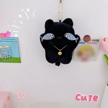 Bag Pendant Plush Fish Cat Keyring Cute Stuffed Doll Cartoon Cat Pendant Kids Gift Black-Chain