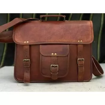 Bag Satchel (Genuine Bull Leather Bag) Men s Vintage Laptop Messenger Briefcase 16 x 12 x 5 in