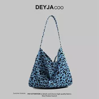 Bag Women Korean Series Lazy Canvas Bag Artistic Niche Messenger Bag Loose Leopard Print Bag Large Capacity Tote Bag Blue