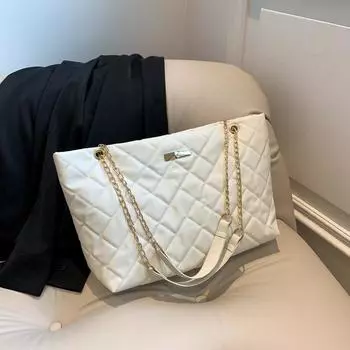 Сумка женская 2024 осень большая вместимость повседневная сумка ромб универсальная текстура простая портативная сумка на одно плечо косой пролет сумка-тоут белый