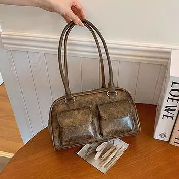 Сумка Женская Ретро Сумка Большая Вместимость Сумка для Хранения Универсальная Женская Сумка Двойной Карман Сумка Под Мышку Тренд коричневый