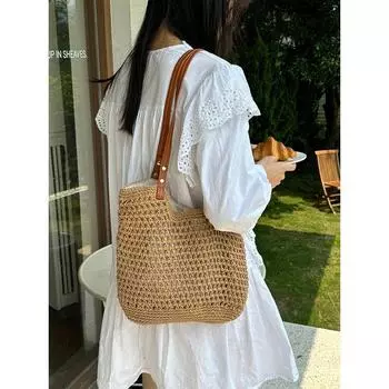Bag Women s Seaside Holiday Handmade Woven Beach Bag Khaki trumpet