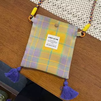Bag Women s Small Bag 2025 New Arrival Fashion Simple Crossbody Bag All-Matching Western Style Mobile Phone Bag Gingham Tassel Cloth Bag Yellow purple plaid slung bag (random color cycle)
