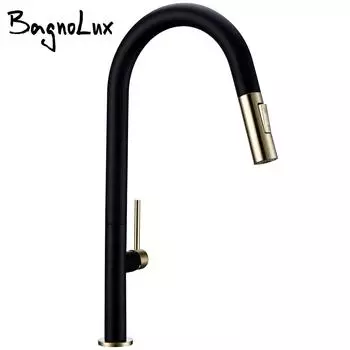 Bagnolux Brass Black Plus Gold 360 Oegree Rotation Kitchen Hot Cold Water Sink Taps Pull Out Spout Deck Mounted Kitchen Faucet