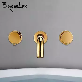 Bagnolux полированный золотой латунный сиамский двухотверстийный настенный смеситель для ванны с горячей и холодной водой, для наполнения ванны водопадом