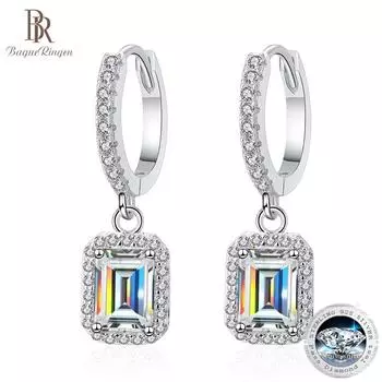 Bague Ringen 100% 925 стерлинговое серебро пластина Pt950 Real D Color VVS 1/2CT Серьги с изумрудной огранкой муассанит для женщин Ювелирные изделия 2 x 1ct зелёный