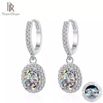 Bague Ringen, 100% стерлинговое серебро 925 пробы, 1 карат, цвет D, овальные серьги с муассанитом для женщин, свадебные, помолвочные, пасьянсы, ювелирные украшения 2 x 1ct moissanite зелёный