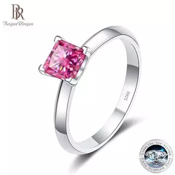 Bague Ringen 1 или 2 CT кольцо-пасьянс с муассанитом принцессы огранки для женщин, бесцветное, высокое качество, 100% стерлинговое серебро S925, группа GRA 1ct No.5 зелёный