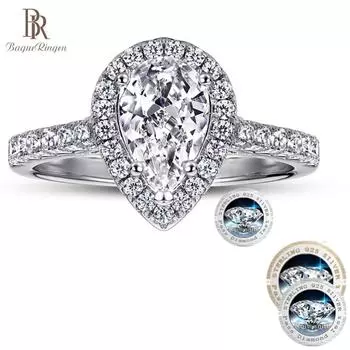 Bague Ringen Классические настоящие обручальные кольца с муассанитом 1,5 карата D цвета с бриллиантами для женщин, 100% стерлинговое серебро 925 пробы, свадебное кольцо с каплей воды 1.5ct US No.5 розового золота