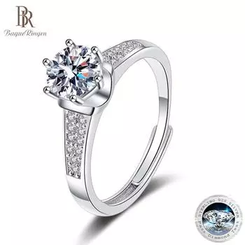Bague Ringen, настоящее 1 карат, круглое кольцо с муассанитом VVS D для женщин, ювелирные изделия из стерлингового серебра S925, регулируемые кольца с шестью когтями 1ct adjustable синий
