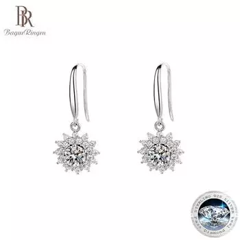 Bague Ringen Стерлинговое серебро S925 Подсолнечник Муассанит Ушной крючок с микрошипами и бриллиантами Циркон Серьги Подсолнух Flash Свадебные украшения 1ct белый