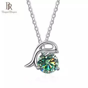 BagueRingen 1,0 карата 6,5 мм зеленый круглый кулон из белого золота 18 карат с покрытием из серебра 925 пробы, ожерелье из муассанита в форме дельфина, подарок для женщины и девушки 1.0ct синий
