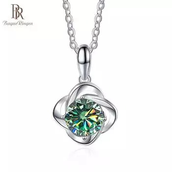 BagueRingen, настоящий 1 карат, круглая спираль, четырехлистный клевер, D, цвет, кулон с муассанитом, ожерелье для женщин, ювелирные изделия из стерлингового серебра 925 пробы 1.0ct синий