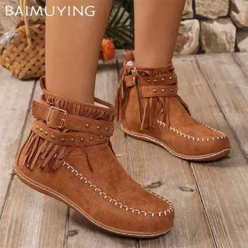 Бахрома балетки женские ботильоны замшевые модные повседневные удобные прогулочные ботинки 2025 зима новый бренд дизайнер готические ботинки женские 36 чёрный