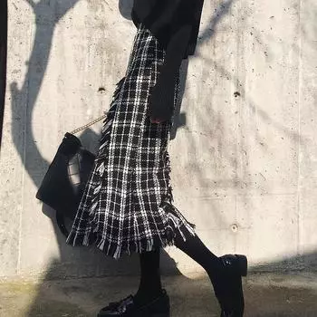 Бахрома клетчатая юбка женщины осень и зима коллокация свитер половинной длины юбка длинная зима ретро зимняя юбка женские топы