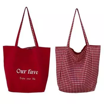 Bai Tiya 2025 South korea Letters Big Bag Men s and Women s Double-sided Plaid Handbag Shoulder Canvas Tote Bag All-Match Red