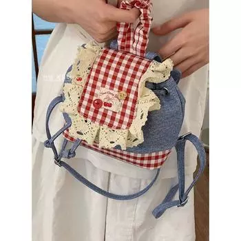 Bai Tiya Backpack Women 2025 New Trendy Fashion Plaid Lace Backpack Portable Shoulder Bucket Bag Red