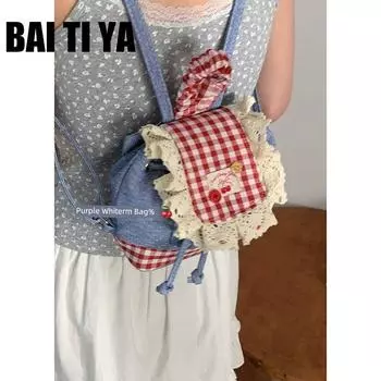 Bai Tiya Denim Backpack Women 2025 New Trendy Fashion Plaid Lace Backpack Shoulder Bucket Bag Red