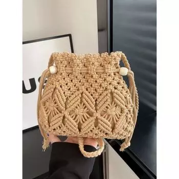 Bai Tiya Hollow Woven Small Bag 2025 New Niche Design Mori look Shoulder Mobile Phone Bag Drawstring Bucket Bag Brown