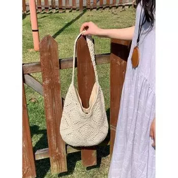 Bai Tiya Large Capacity Straw Bag 2025 New Cotton Thread Woven Bag Seaside Vacation Shoulder Commuter Tote Bag Beige White