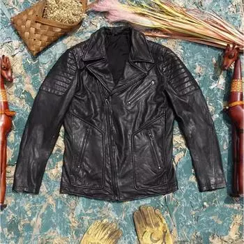 Байкерская куртка из натуральной кожи. Мягкая облегающая овчинная куртка. Модная уличная кожаная одежда, красивая L чёрный