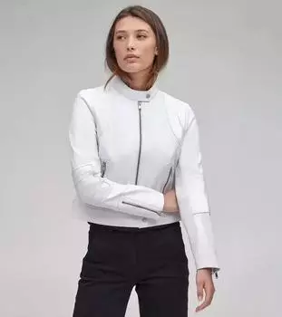 Байкерская стильная куртка из натуральной мягкой белой овчины в стиле мотоцикла для женщин S белый