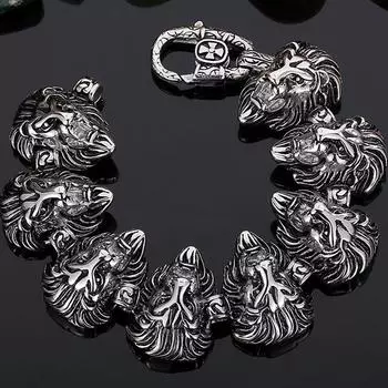 Байкерский браслет-цепочка с головами льва, мужские тяжелые браслеты из нержавеющей стали, мужские браслеты с подвесками, браслеты для лучших друзей, мужские ювелирные изделия 20CM
