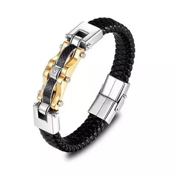 Байкерский браслет из углеродного волокна, мужской браслет из нержавеющей стали и кожи 21.5CM