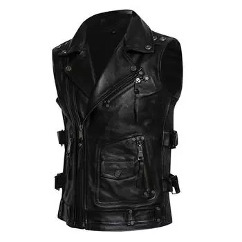 Китайский размер байкерский жилет верхний слой коровьей кожи жилет мужской тонкий короткий мотоциклетный костюм куртка для верховой езды без рукавов настоящий коровий клубный жилет XL черный кожаный жакет