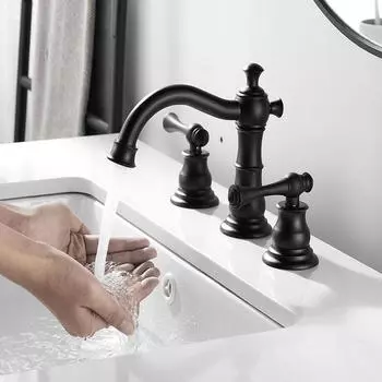 BAKALA 8-дюймовый широко распространенный смеситель для раковины в ванной комнате с 2 ручками, латунный смеситель для туалетного столика с 3 отверстиями и линиями подачи холодной и горячей воды, матовый черный