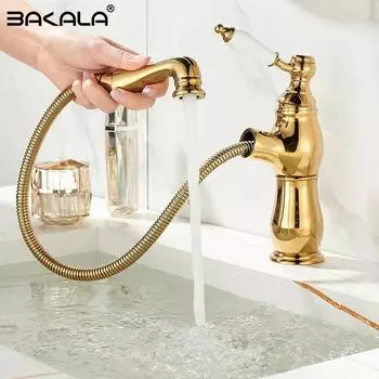 BAKALA выдвижной смеситель для раковины в ванной комнате, смеситель для горячей и холодной воды, золотистые краны, кран с распылителем, высокий смеситель для ванной комнаты