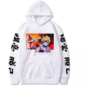 Bakugou Katsuki Принт с капюшоном Аниме My Hero Academia Толстовка Мужская Женская Одежда Мужская Уличная Одежда Harajuku Мужская Толстовка Оверсайз XS чёрный