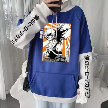 Bakugou Katsuki Смешной принтованный капюшон с капюшоном в стиле аниме My Hero Academia Streetwear для мужчин и женщин Толстовки с капюшоном больших размеров Толстовка Harajuku Pullover XS чёрный