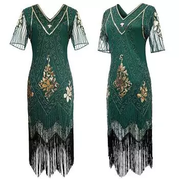 Бальное платье в стиле Гэтсби 1920-х годов, расшитое пайетками, на подтяжках, большого размера 2XL зелёный