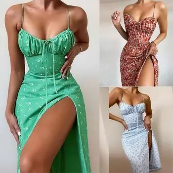 Бальные платья с цветочным принтом, женские пляжные платья с подтяжками и разрезом, тонкие элегантные сексуальные летние платья без рукавов с v-образным вырезом, новые S вино красного