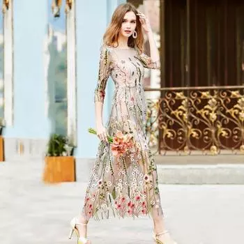 Бальные платья с вышивкой Цветочные богемные цветочные вышитые 2 шт. Винтажные сетчатые платья в стиле бохо XL