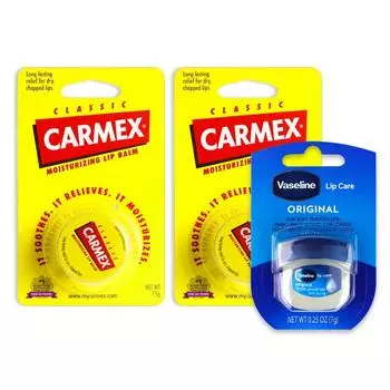 Бальзам для губ Carmex классического типа в баночке (2 куска) + Вазелиновая терапия для губ оригинал (1 кусок) Увлажняющий бальзам для губ, защищающий кожу