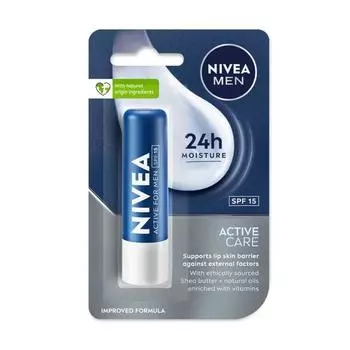 Бальзам для губ NIVEA MEN Active Care 4,8 г | Формула тающего влаге 24 часа | Натуральные масла | Питательные губы, 4,8 г (Пакет из 1)