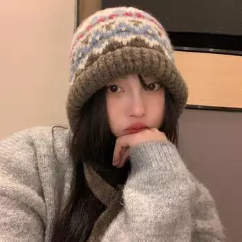 Балаклава женская осенне-зимняя теплая утолщенная вязаная шерстяная шапка с большой окружностью головы в стиле ретро с защитой ушей M56-58cm