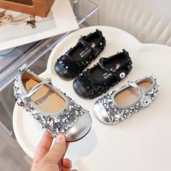 Балетки для девочек Новые детские кожаные туфли с блестками Модные весенне-осенние детские повседневные туфли принцессы с блестками на плоской подошве с круглым носком 21 чёрный