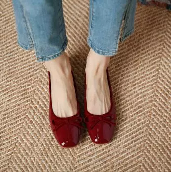 Балетки с красным бантом, весна 2024 г. для женщин – лакированная кожа, мягкая подошва, идеально подходят для свадеб 38 абрикосовый