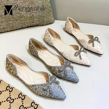 Балетки с кристальным бантом женские OL весенняя офисная обувь мокасины с подворотами большой размер 42/43 D osay остроносые балетки женские 4.5 синий