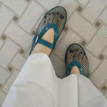 Балетки с круглым носком и сетчатым дизайном, летние синие модные одинарные туфли на плоской подошве с пряжкой и ремнем 40